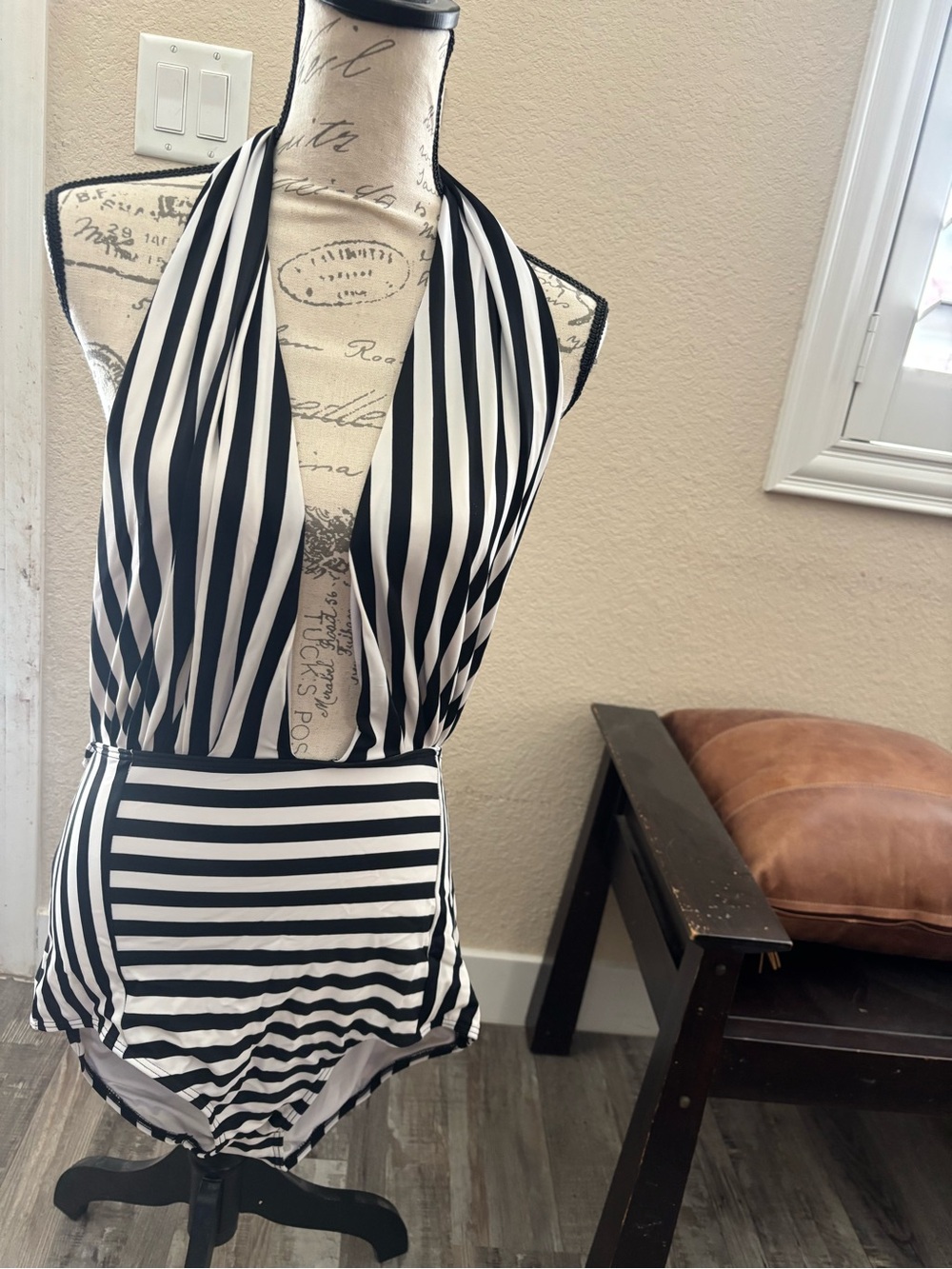 Black & White Striped Plunging One-Piece Swimsuit
